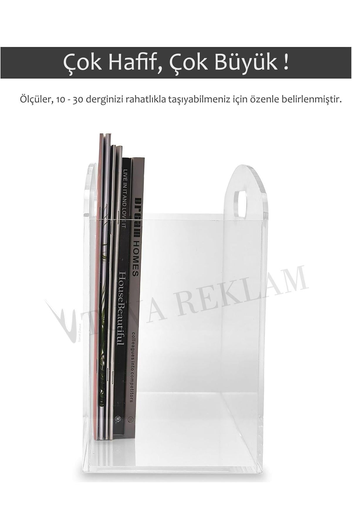 Tuva Reklam Şeffaf Çanta Tip Pleksi Yuvarlak Köşeli Modern Dergilik Kitaplık Düzenleyici Organizer