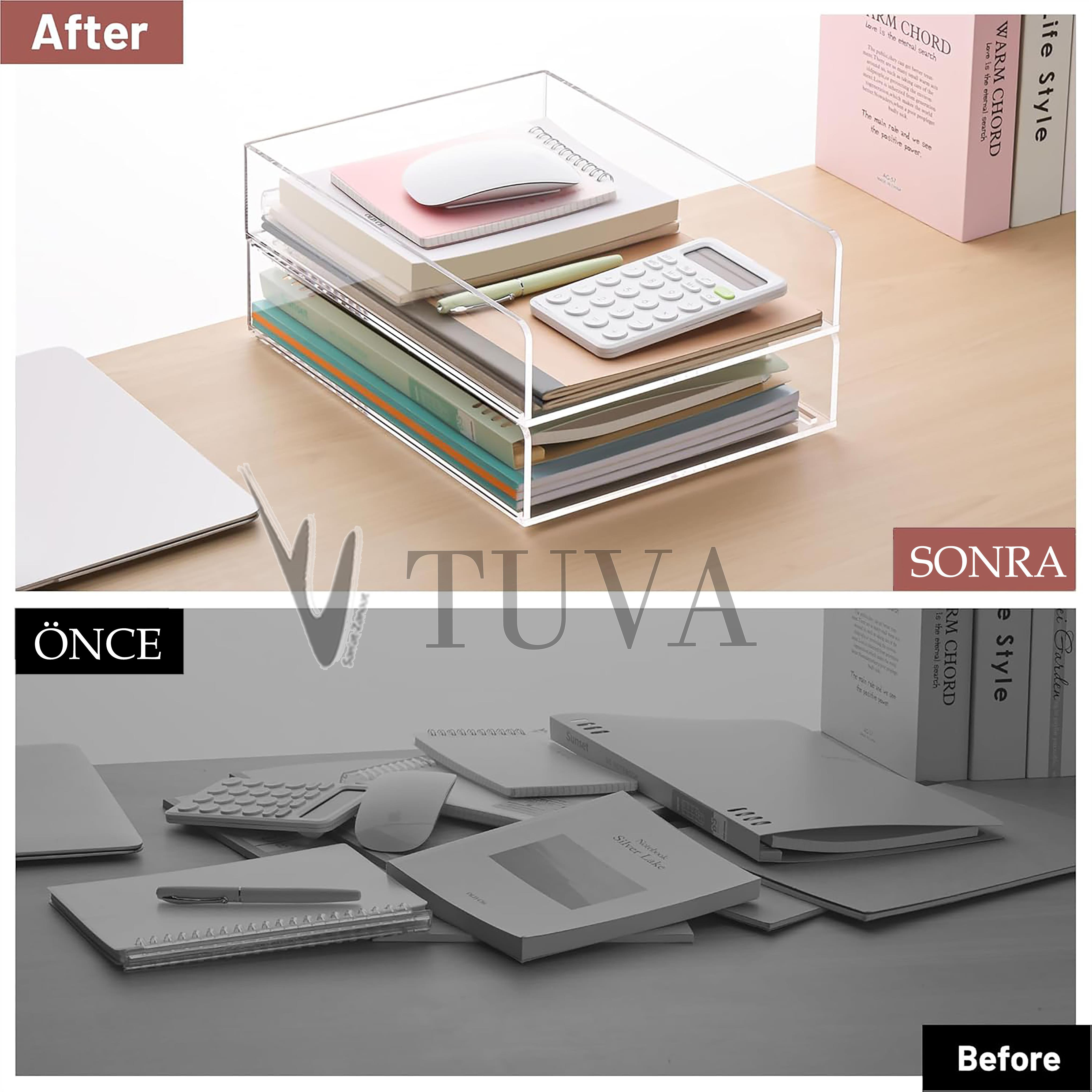 Yatay & Dikey Form İki Kat Raf Modern Dergi Kitap Dosya Düzenleyici | Minimalist Masaüstü Organizer | Tuva Premium Tasarım