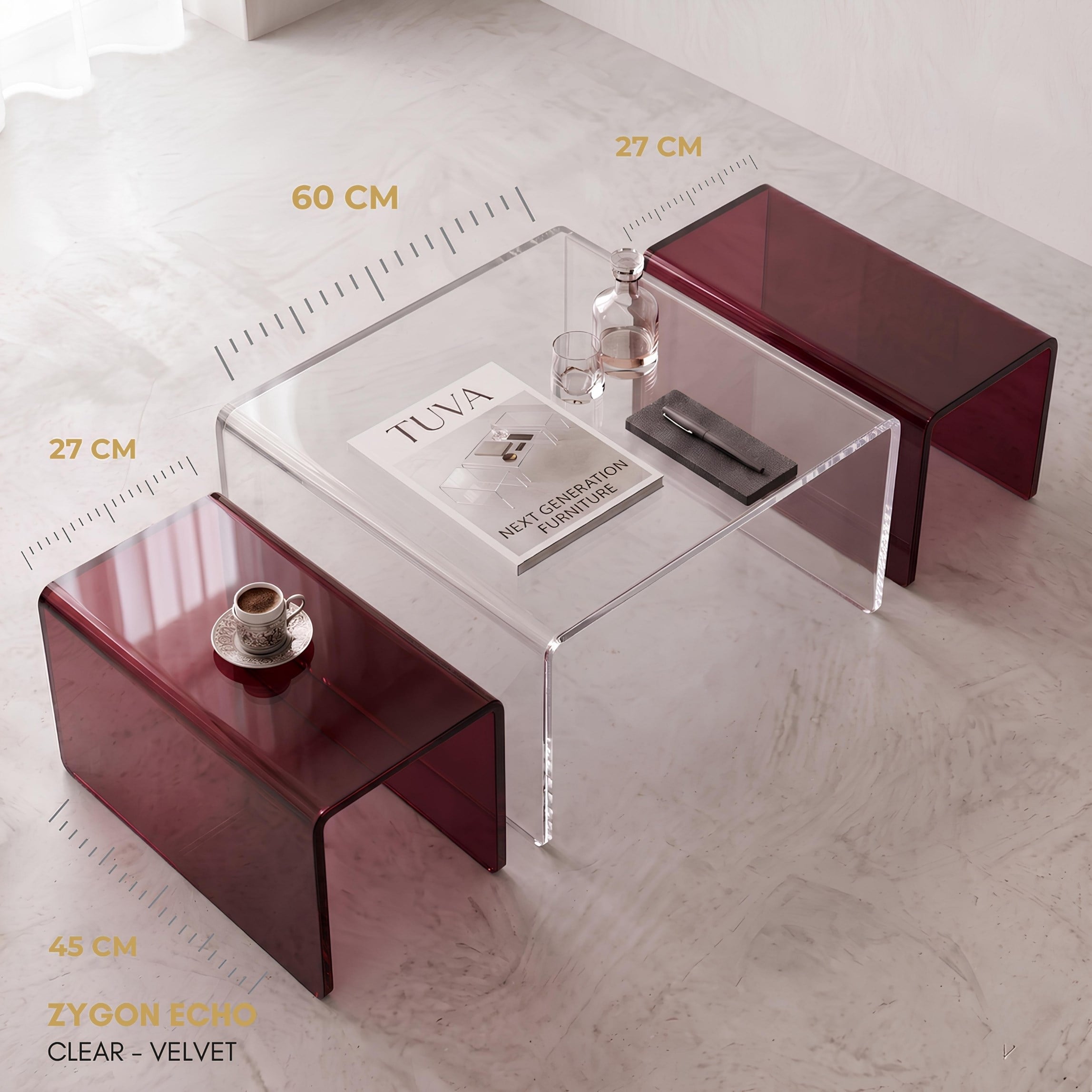 ZYGON ECHO | Premium Akrilik 3'lü Zigon Set ve Orta Sehpa | TUVA Collection