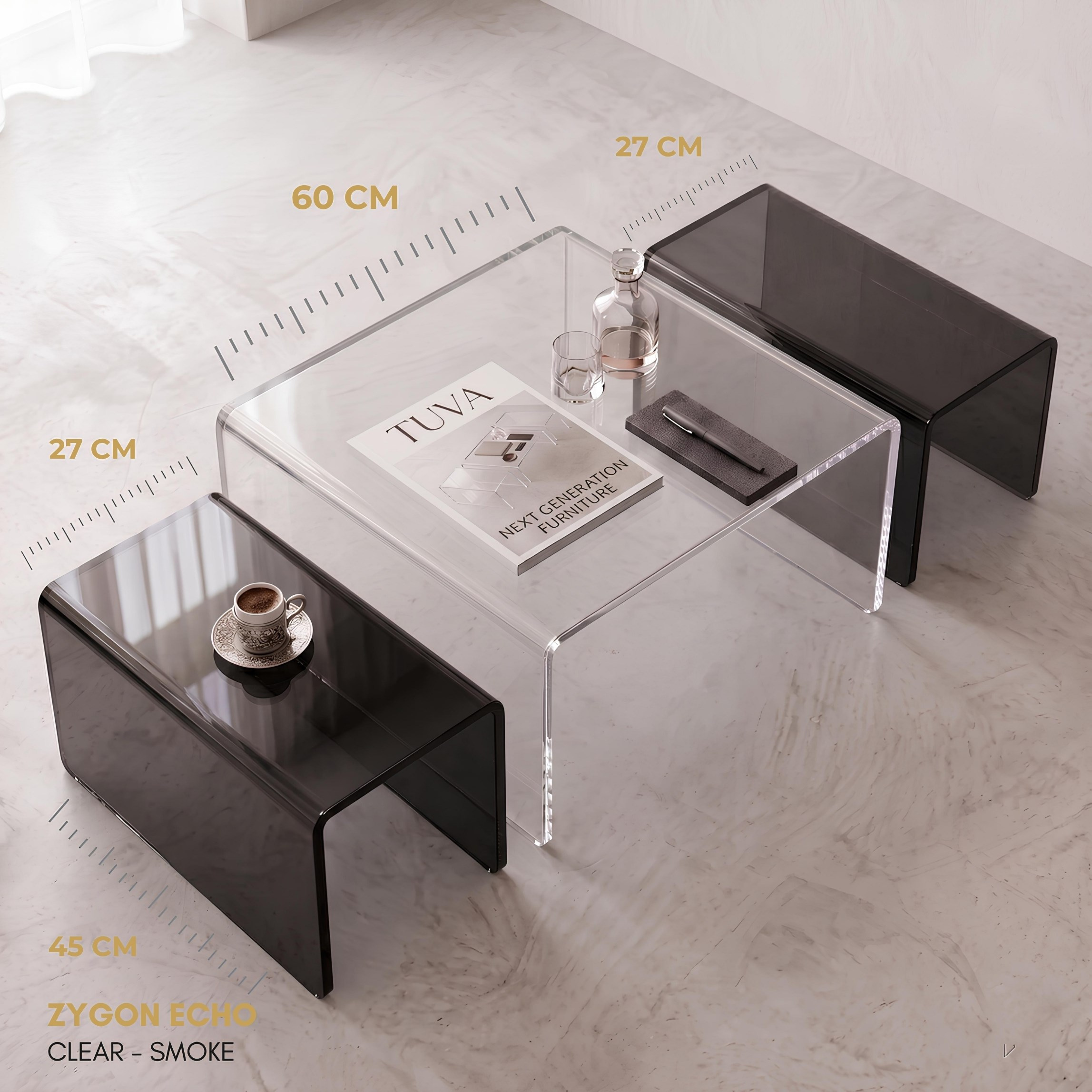 ZYGON ECHO | Premium Akrilik 3'lü Zigon Set ve Orta Sehpa | TUVA Collection