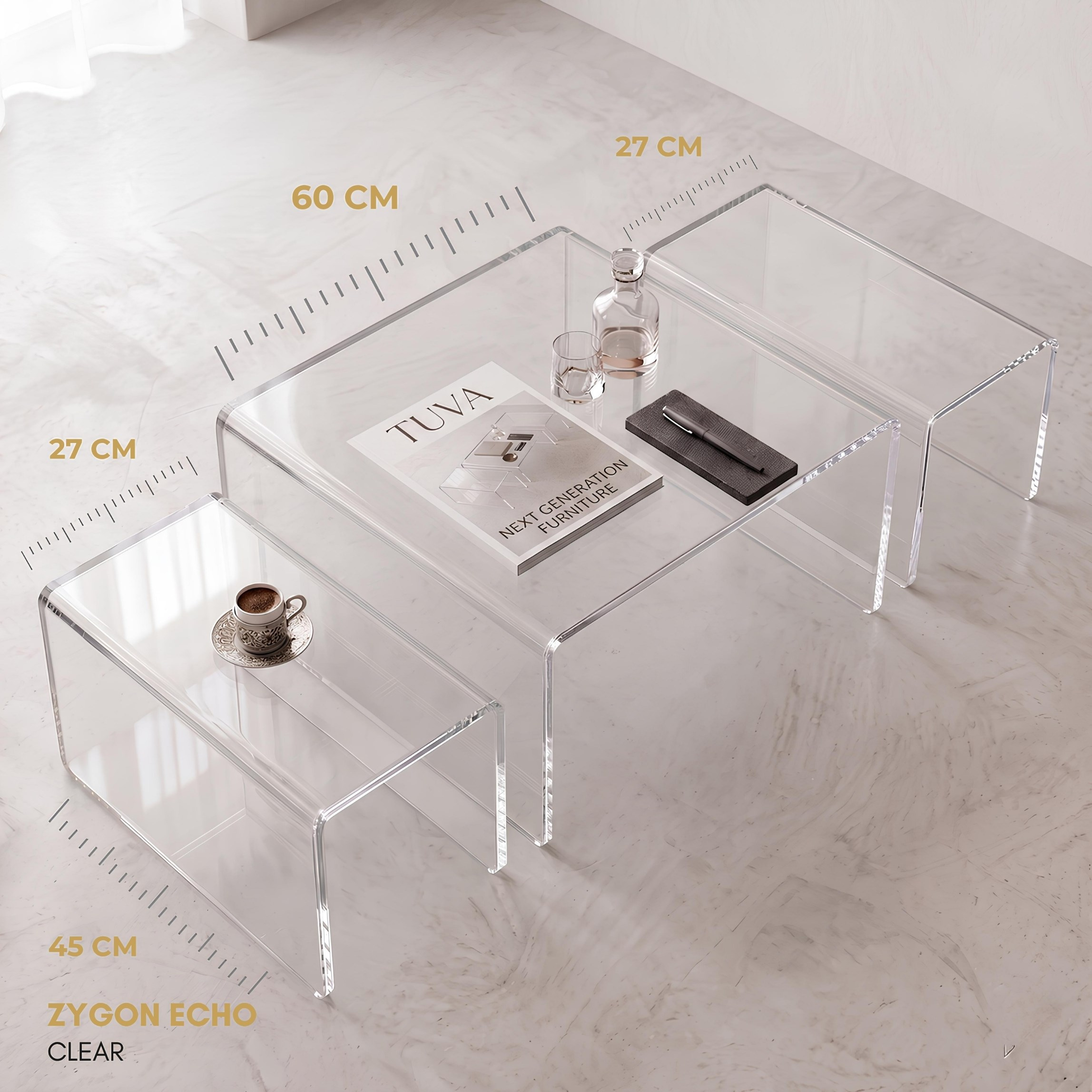 ZYGON ECHO | Premium Akrilik 3'lü Zigon Set ve Orta Sehpa | TUVA Collection