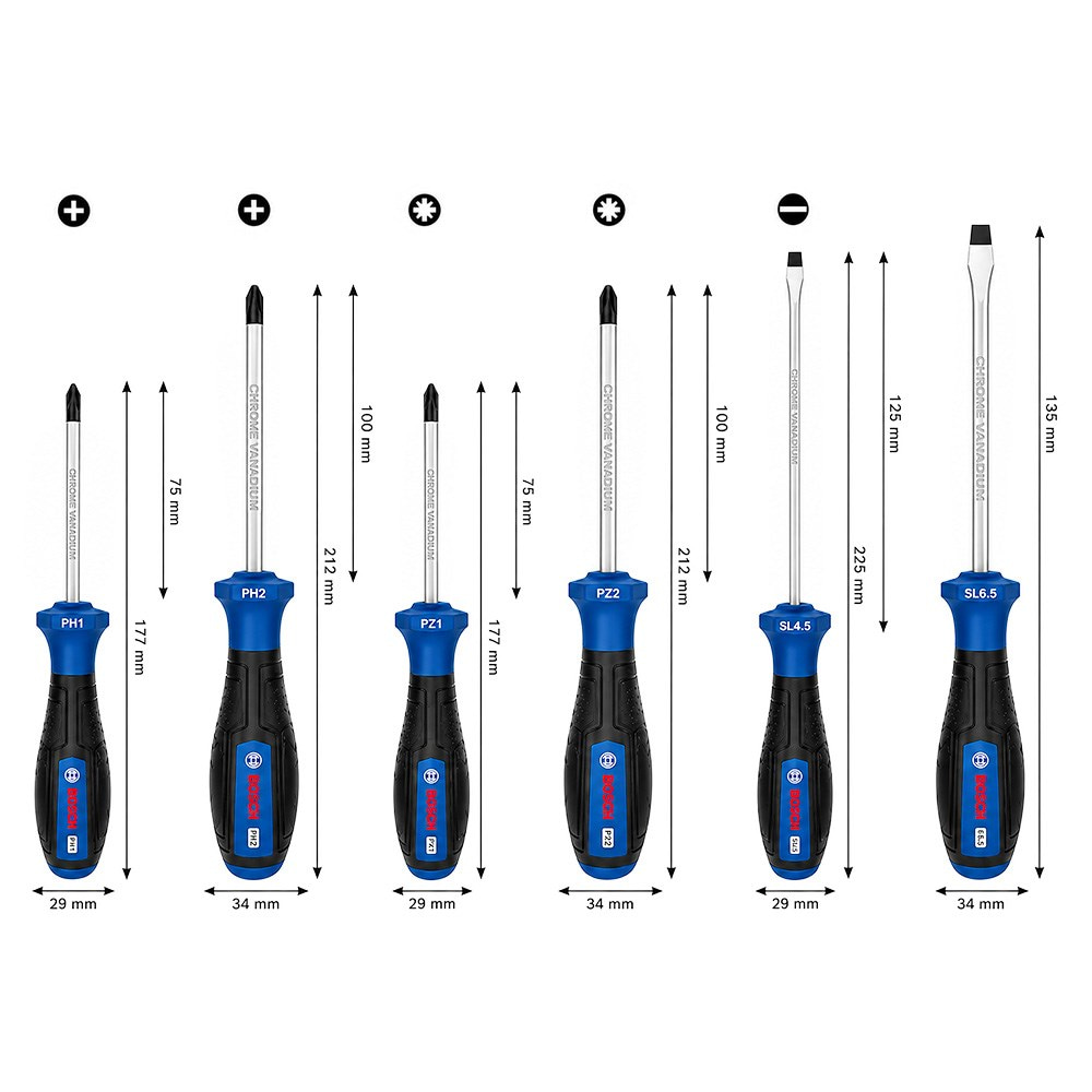 BOSCH Düz ve Yıldız Uçlu Topaç Tornavida Takımı PH/PZ/SL 6 Parça