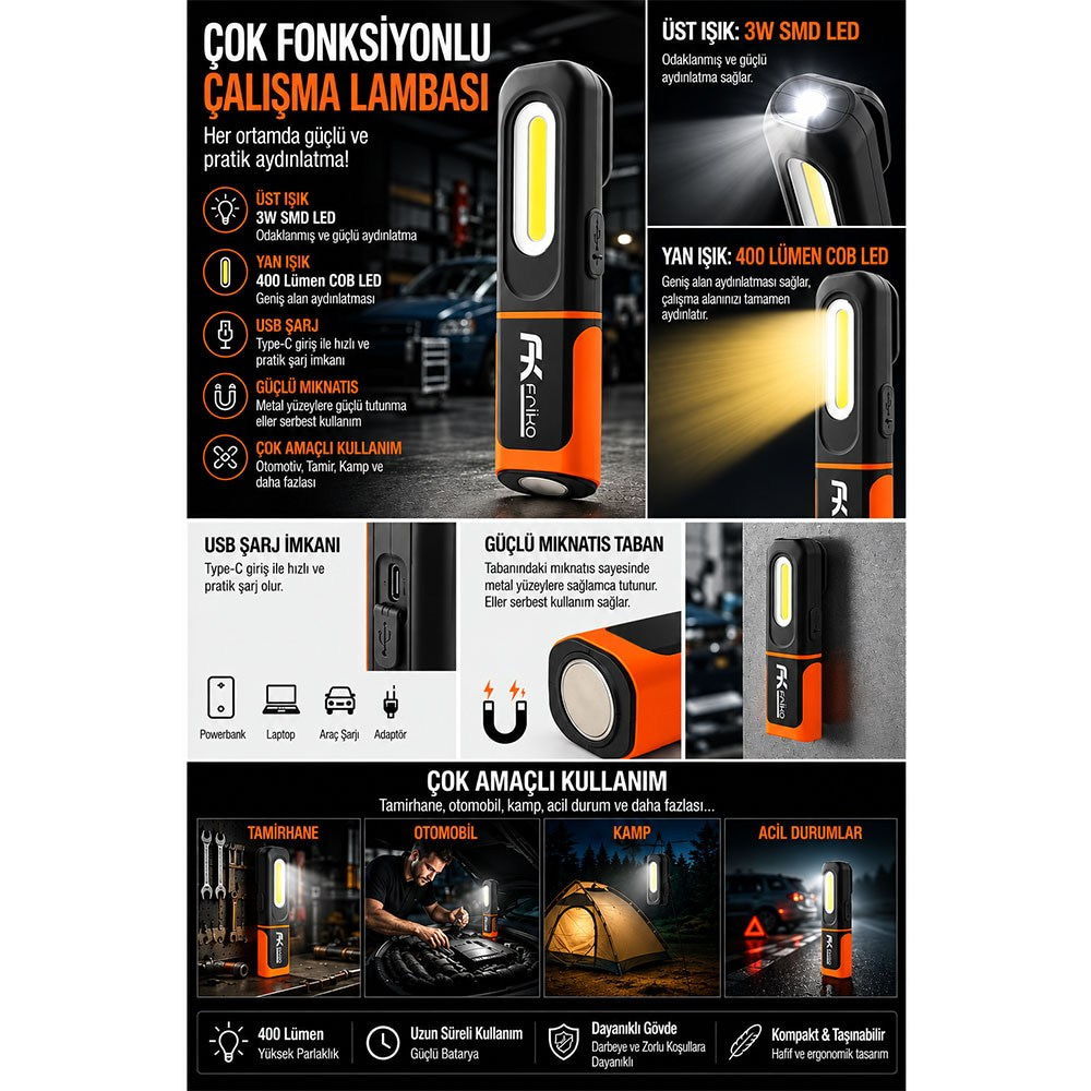 FRIKO Mıknatıslı Led Çalışma Lambası 400 Lümen