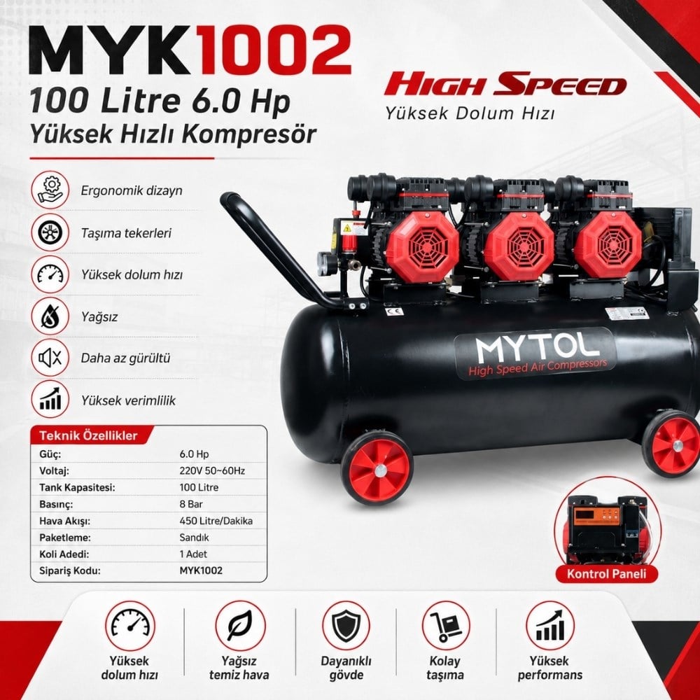MYTOL 100 LT Hava Komprosörü Yüksek Hızlı 6 HP - MYK1002