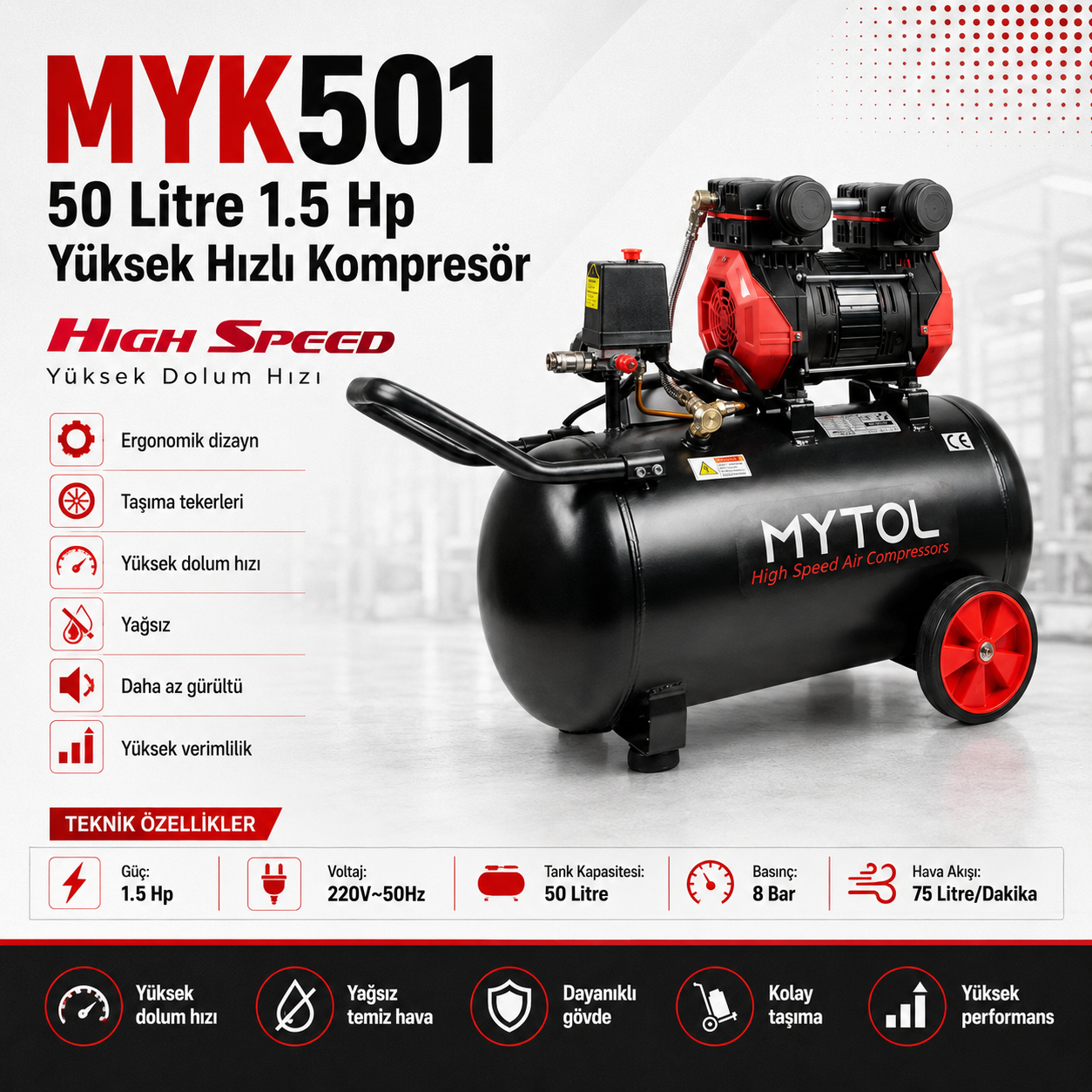 MYTOL 50 LT Hava Komprosörü Yüksek Hızlı 1.5 HP - MYK501