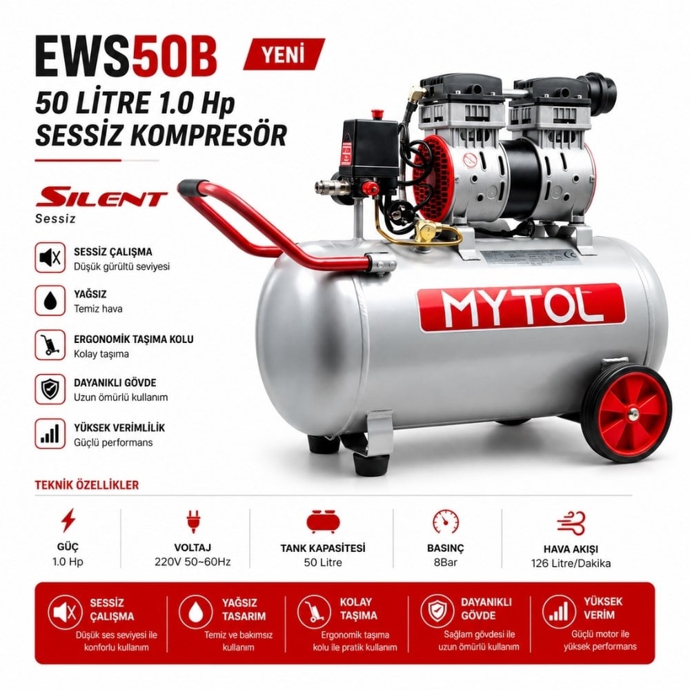 MYTOL 50 LT Sessiz Hava Kompresörü 1.0 HP - EWS50B