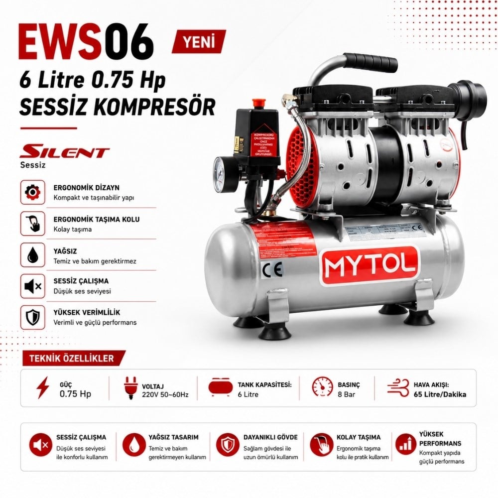 MYTOL 6 LT Sessiz Hava Kompresörü - EWS06