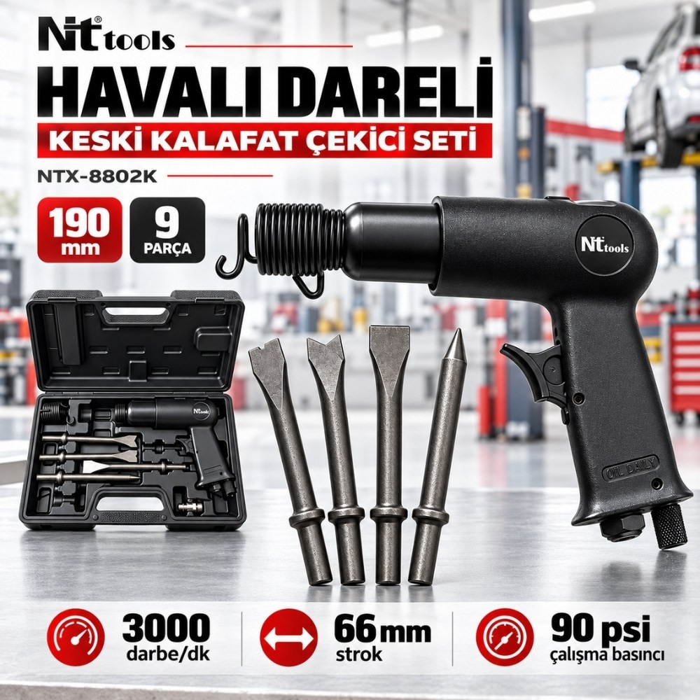 NT TOOLS Havalı Darbeli Keski Kalafat Çekici Seti 190 mm 9 Parça
