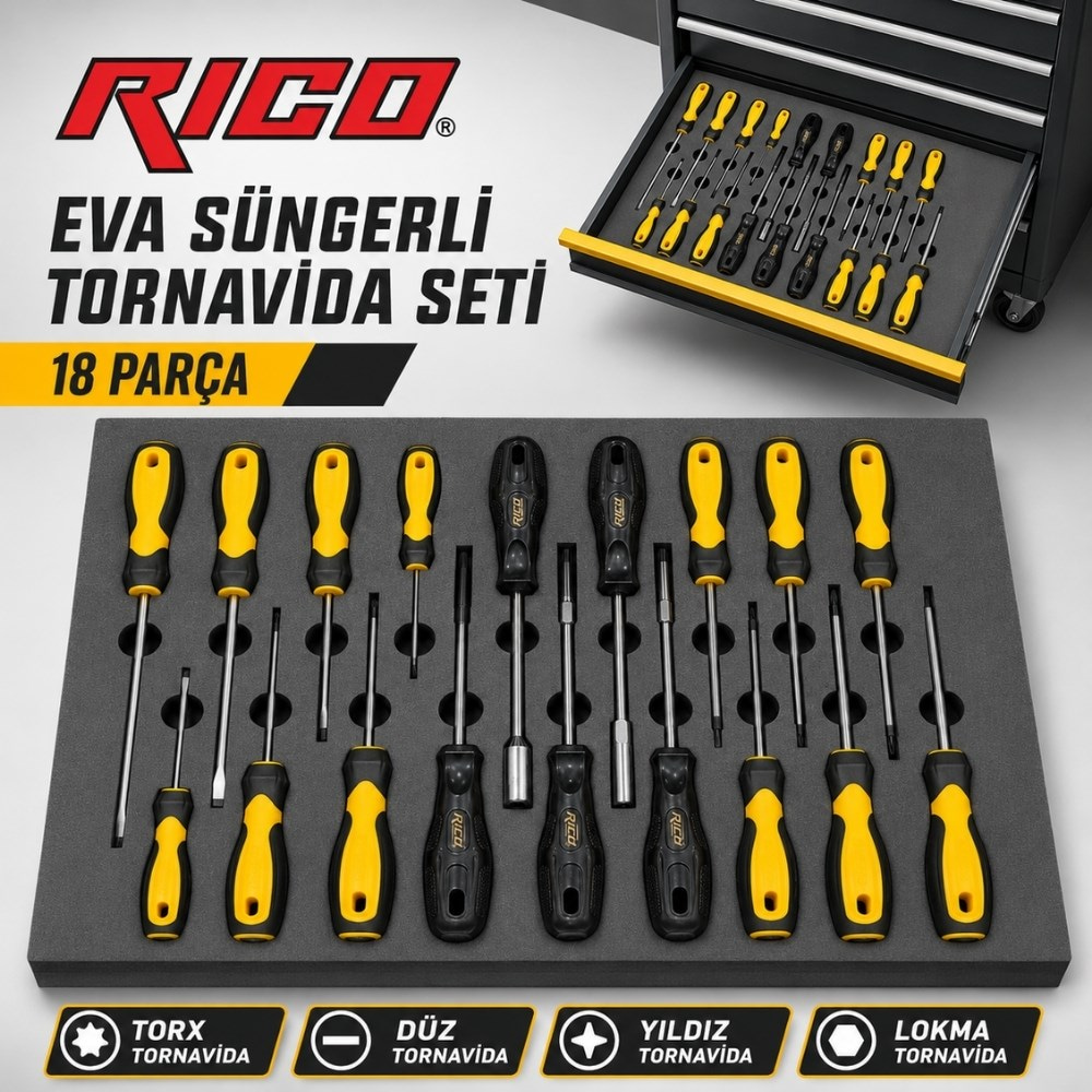 RICO Takım Arabası Uyumlu EVA Süngerli Tornavida Seti 18 Parça