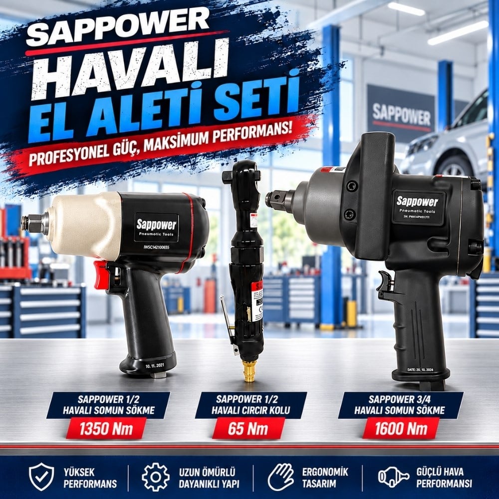 SAPPOWER 1/2 - 3/4 Havalı Somun Sökme ve Havalı Cırcır Seti