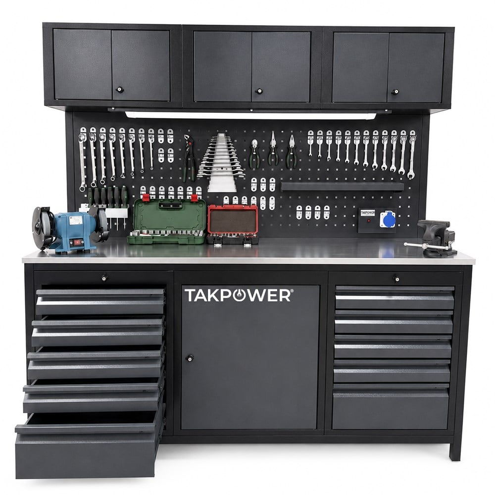TAKPOWER 2 Metre BOSCH Dolu Takım Tezgahı 10 Çekmeceli Üsten Dolaplı Premium