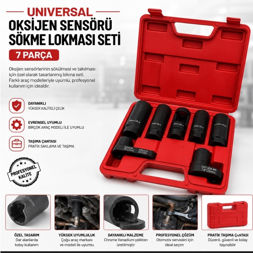 UNIVERSAL Oksijen Sensörü Sökme Lokması Seti 7 Parça