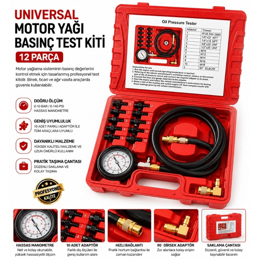 UNIVERSAL Yağ Basınç Test Kiti 12 Parça