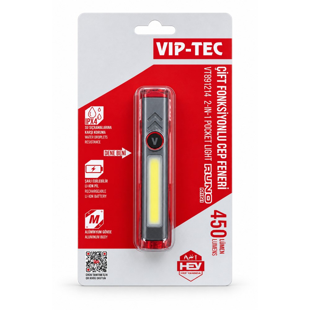 VIP-TEC Runo Şarjlı Çift Fonksiyonlu Mini Cep Fener 450 Lümen