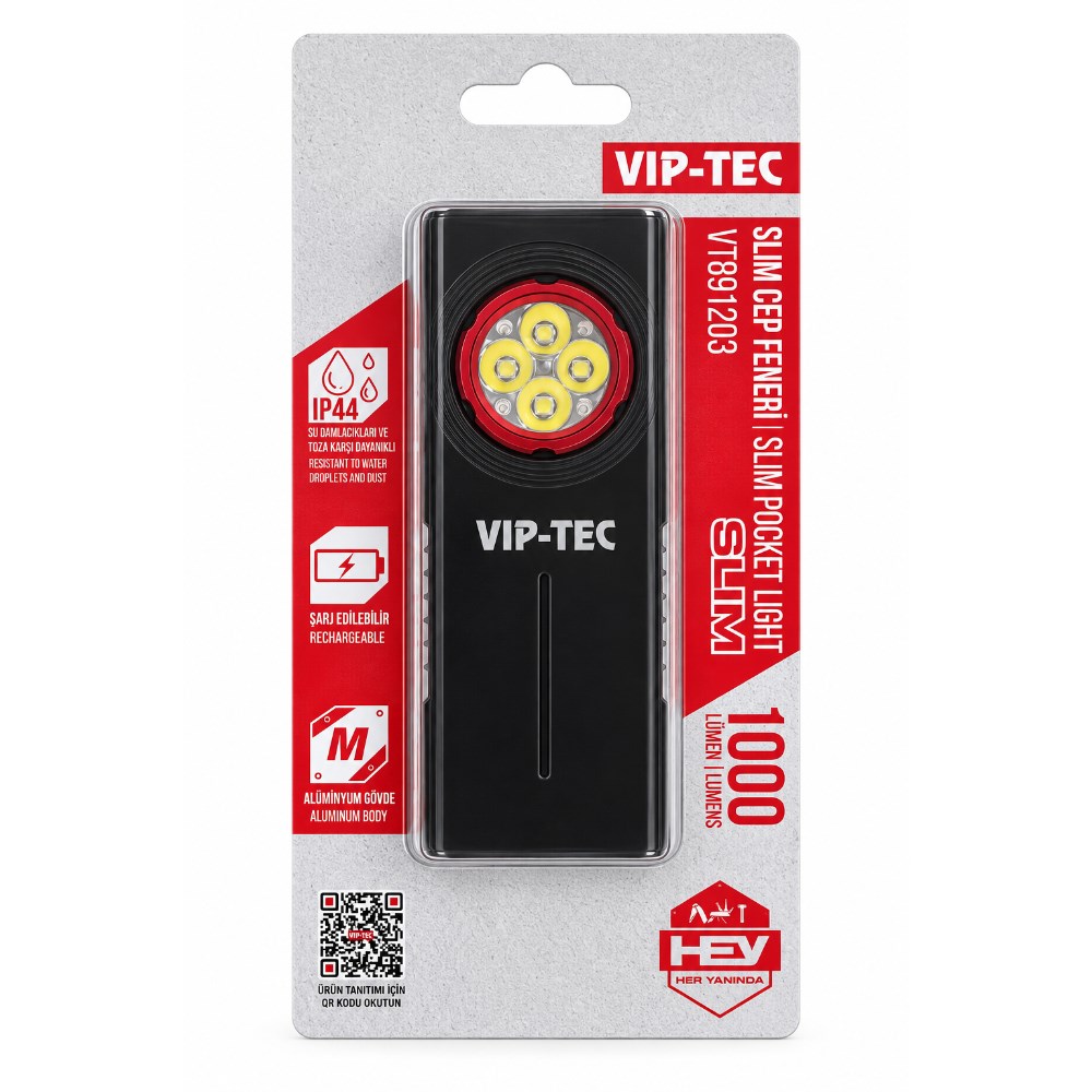 VIP-TEC Şarjlı Alüminyum Gövde Slim Cep Feneri 1000 Lümen