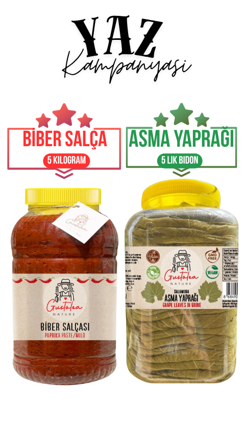 Gustolea Nature Manisa Sultaniye Ilk Hasat Ince Damarsız Salamura Uç Asma Yaprağı  + Gustolea Nature Biber Salçası 5 Kg