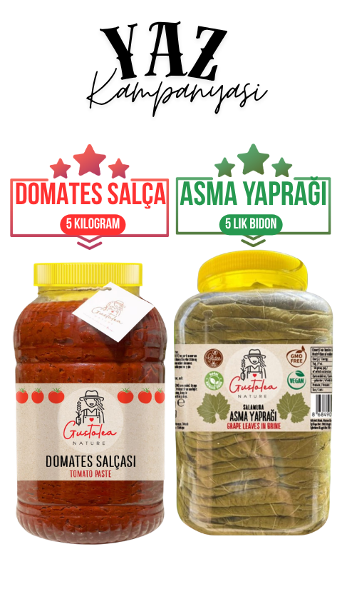Gustolea Nature Manisa Sultaniye Ilk Hasat Ince Damarsız Salamura Uç Asma Yaprağı  + Gustolea Nature Domates Salçası 5 Kg