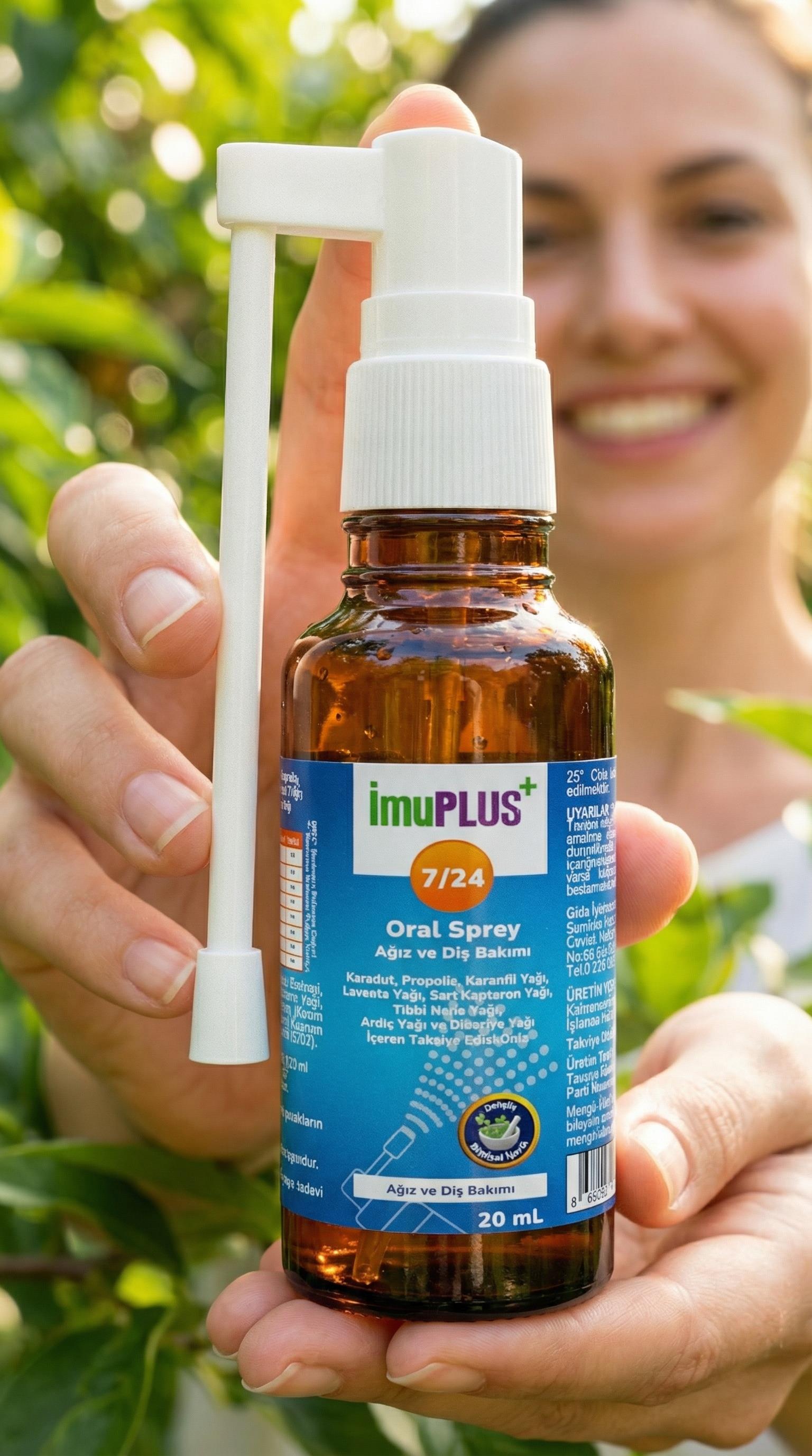 İmuplus 7/24 Sprey Karadut, Propolis, Karanfil Yağı, Lavanta Yağı, Sarı Kantaron Yağı, Tıbbi Nane Yağı, Ardıç Yağı ve Biberiye Yağı İçeren Takviye Edici Gıda