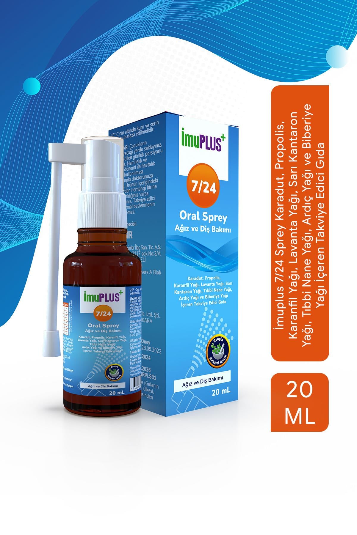 İmuplus 7/24 Sprey Karadut, Propolis, Karanfil Yağı, Lavanta Yağı, Sarı Kantaron Yağı, Tıbbi Nane Yağı, Ardıç Yağı ve Biberiye Yağı İçeren Takviye Edici Gıda