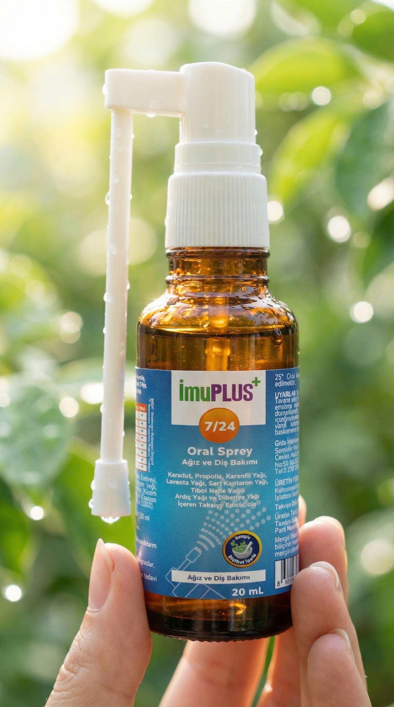 İmuplus 7/24 Sprey Karadut, Propolis, Karanfil Yağı, Lavanta Yağı, Sarı Kantaron Yağı, Tıbbi Nane Yağı, Ardıç Yağı ve Biberiye Yağı İçeren Takviye Edici Gıda
