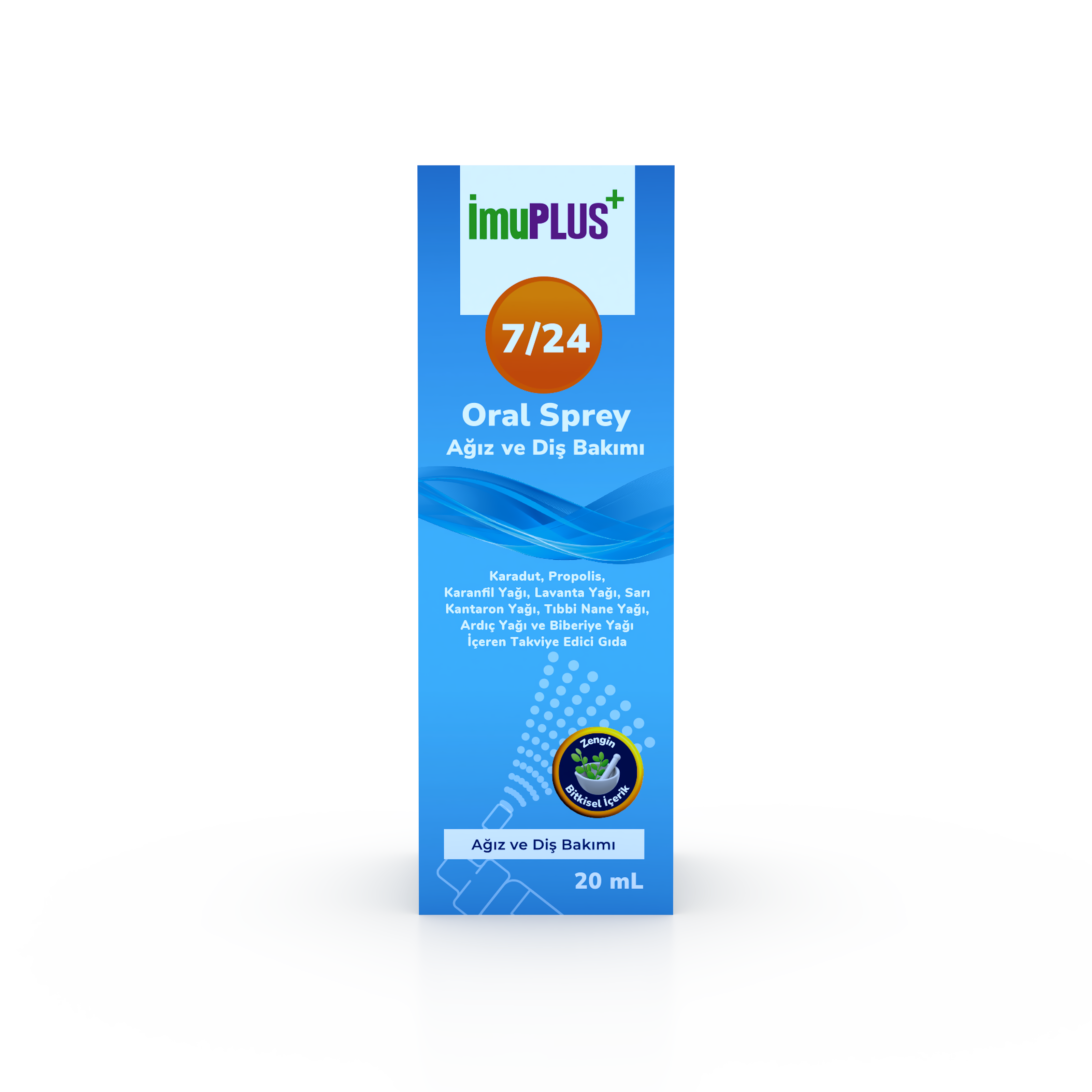 İmuplus 7/24 Sprey Karadut, Propolis, Karanfil Yağı, Lavanta Yağı, Sarı Kantaron Yağı, Tıbbi Nane Yağı, Ardıç Yağı ve Biberiye Yağı İçeren Takviye Edici Gıda
