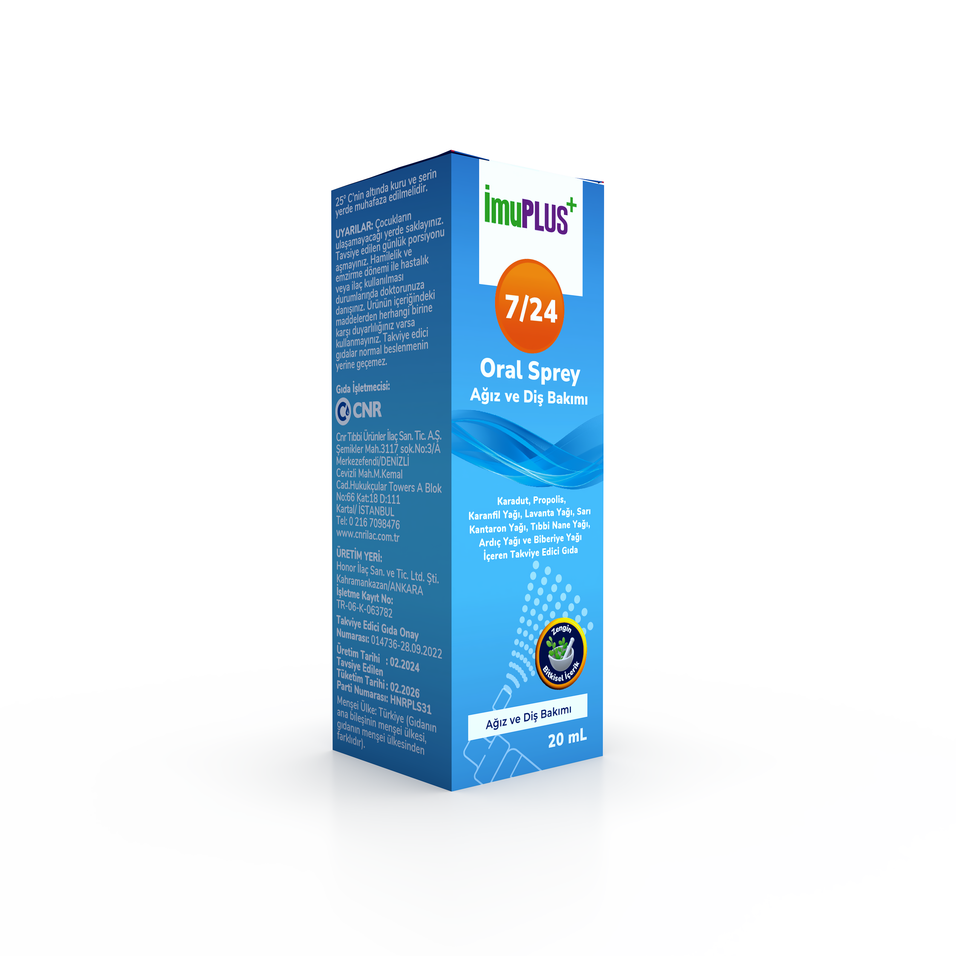 İmuplus 7/24 Sprey Karadut, Propolis, Karanfil Yağı, Lavanta Yağı, Sarı Kantaron Yağı, Tıbbi Nane Yağı, Ardıç Yağı ve Biberiye Yağı İçeren Takviye Edici Gıda
