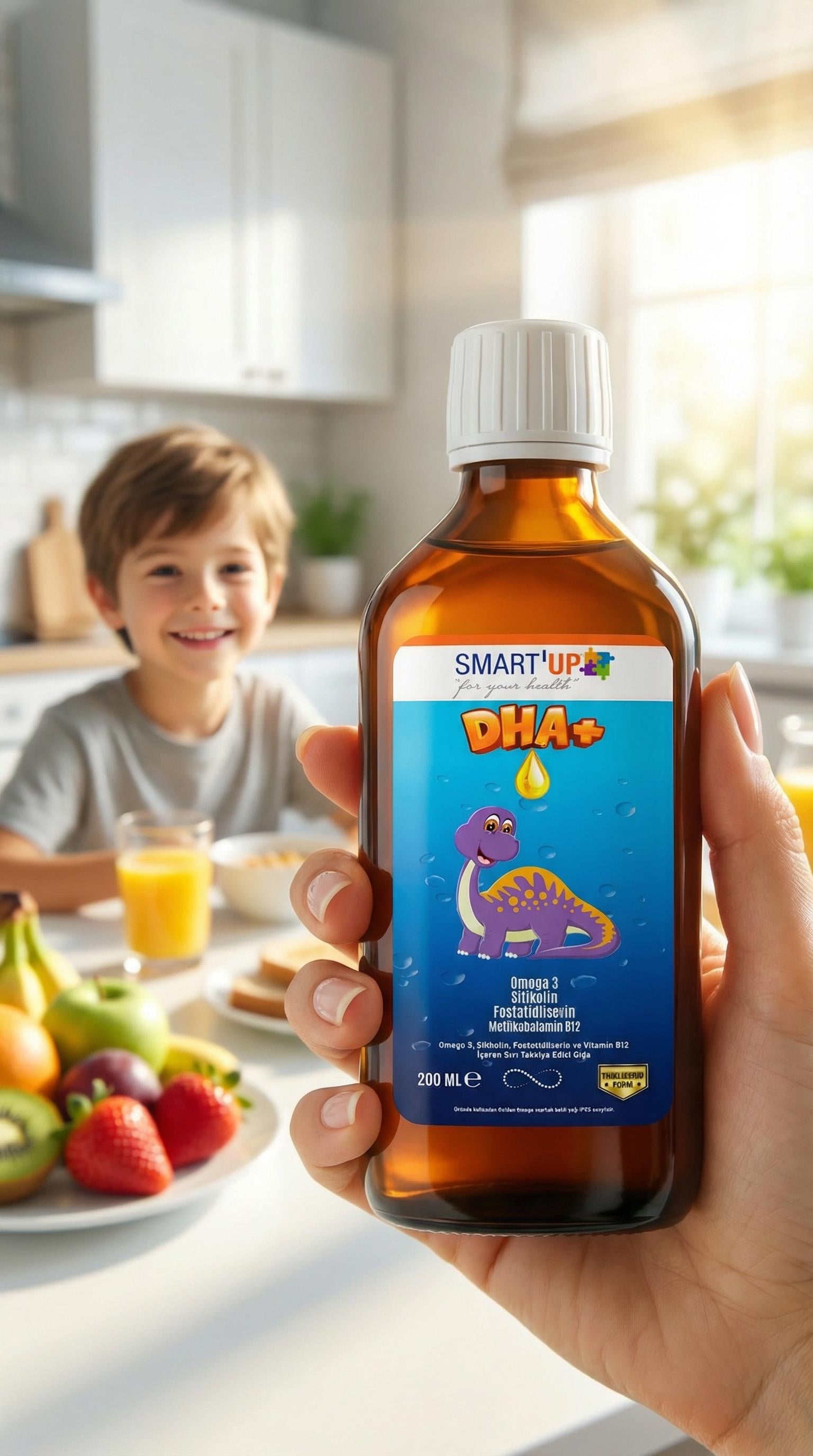 Smart UP DHA+ Omega 3, Sitikolin, Fosfotidilserin ve Vitamin B12 İçeren Sıvı Takviye Edici Gıda 200 Ml Şurup