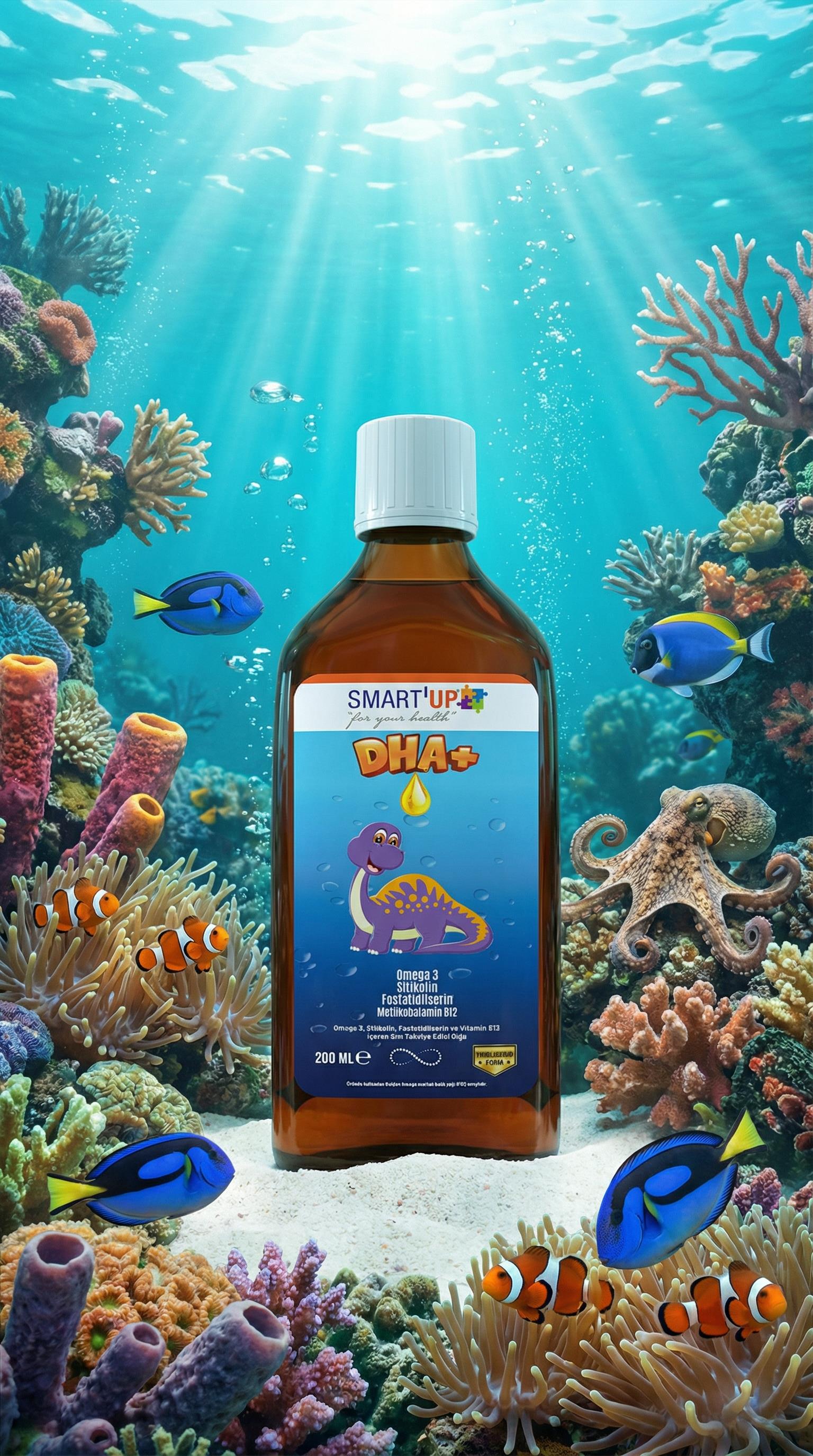 Smart UP DHA+ Omega 3, Sitikolin, Fosfotidilserin ve Vitamin B12 İçeren Sıvı Takviye Edici Gıda 200 Ml Şurup