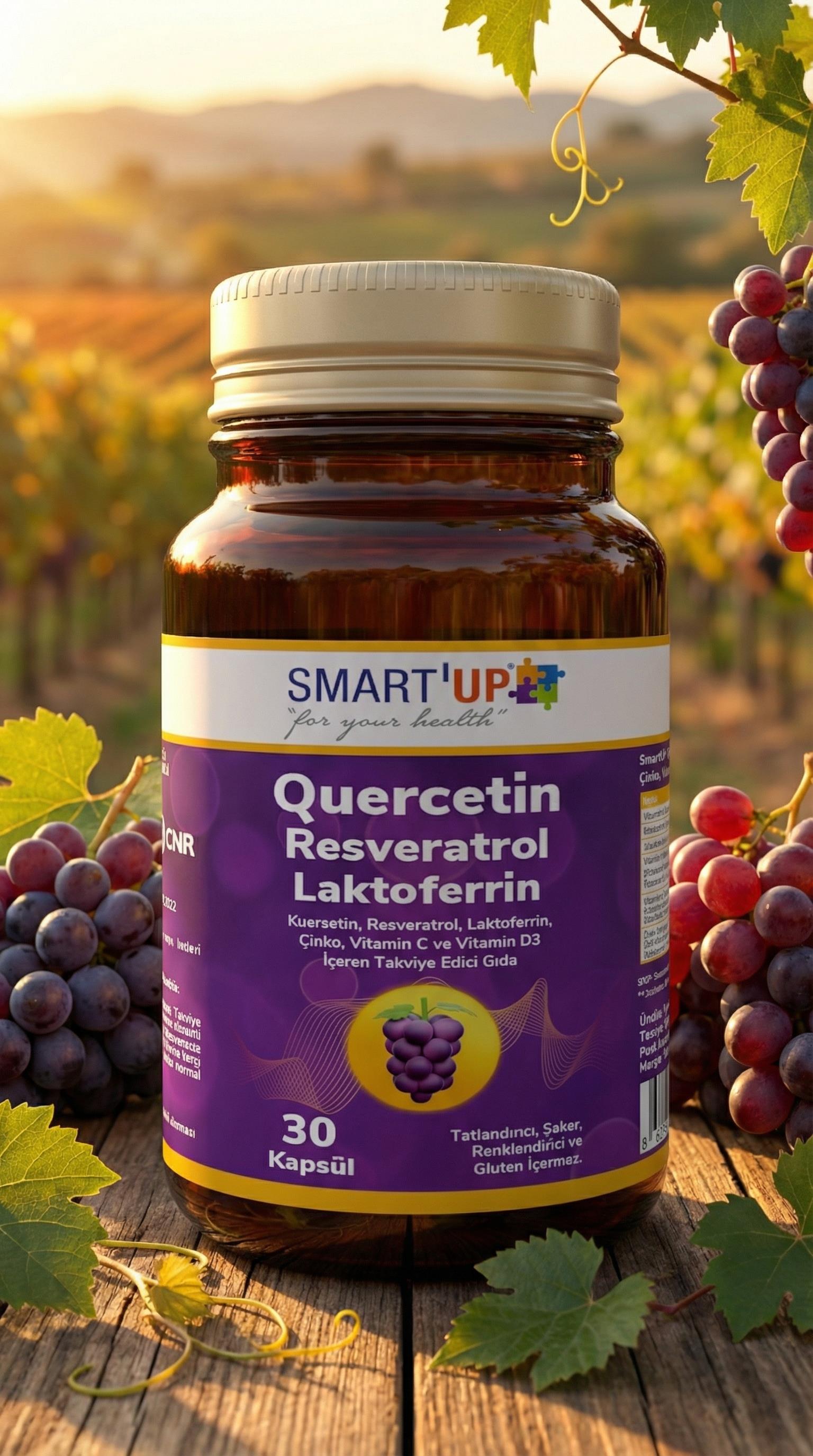 Smart Up Quercetin Kuersetin, Resveratrol, Laktoferrin, Çinko, Vitamin C ve Vitamin D3 İçeren Takviye Edici Gıda 30 Kapsül