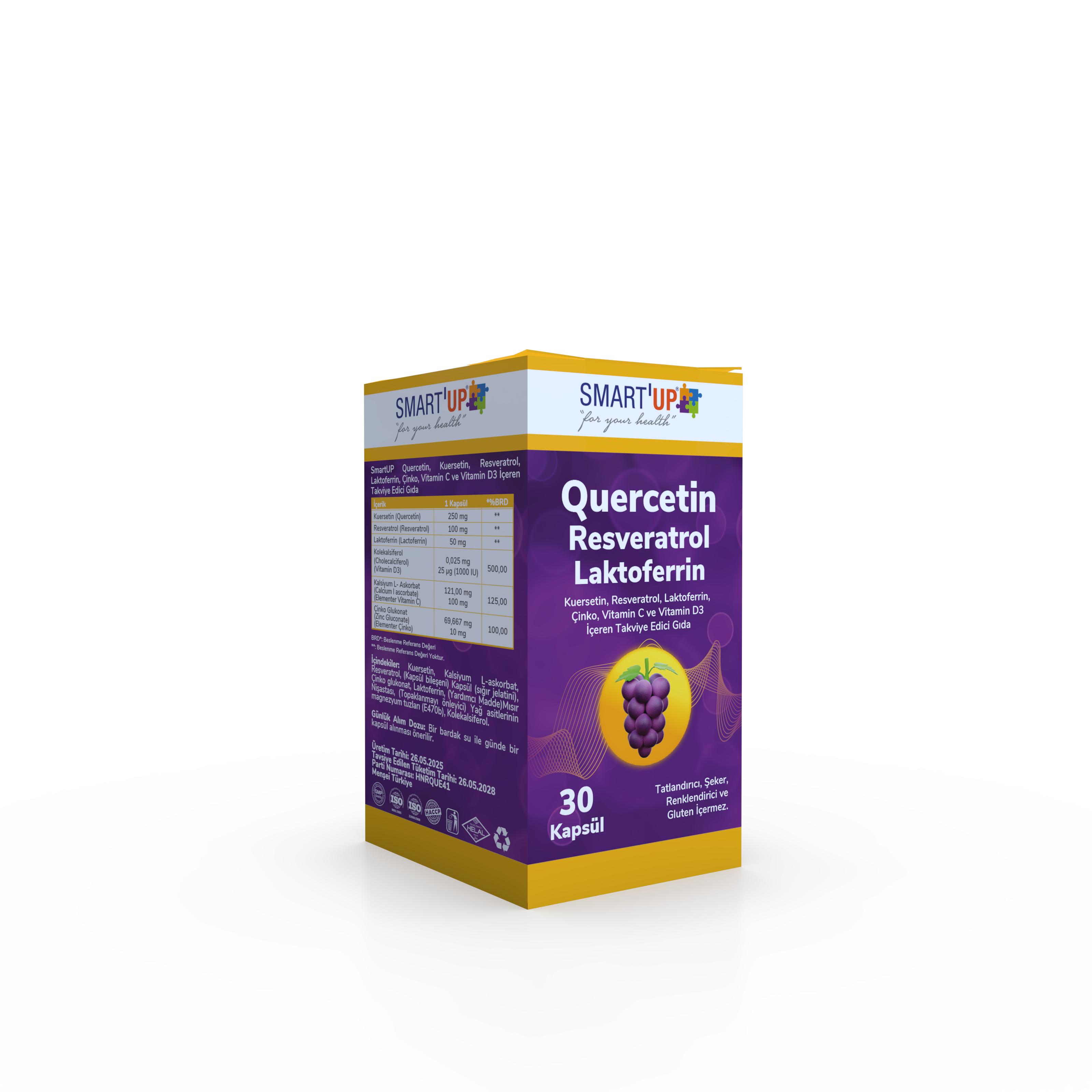 SmartUP Quercetin Kuersetin, Resveratrol, Laktoferrin, Çinko, Vitamin C ve Vitamin D3 İçeren Takviye Edici Gıda 30 Kapsül