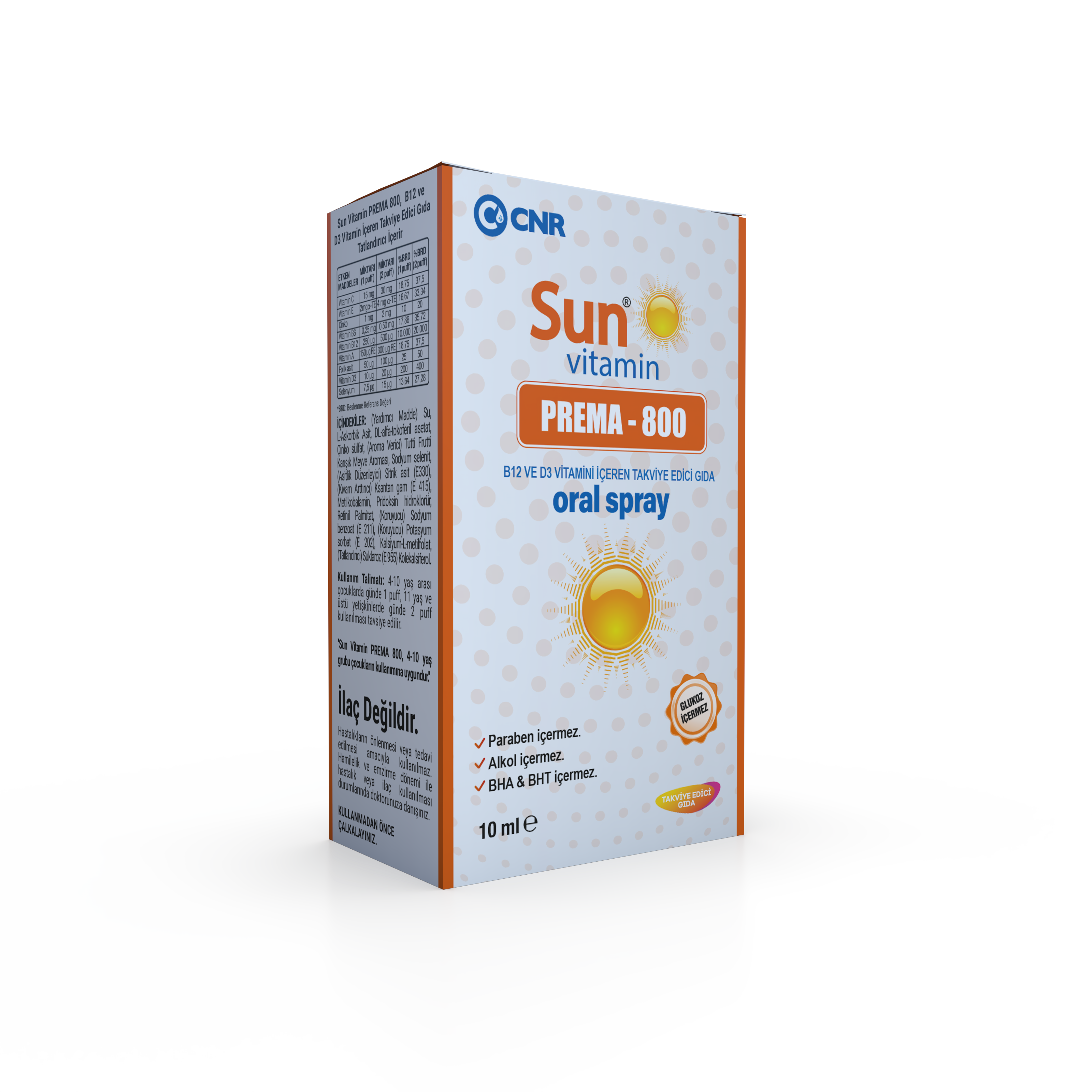 Sun Vitamin PREMA 800, B12 ve D3 Vitamini İçeren Takviye Edici Gıda 10 Ml