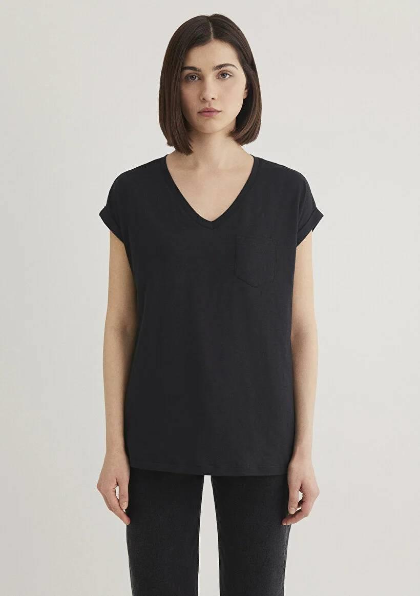 Mavi V Yaka Basıc Kadın T-Shirt M1600961-900
