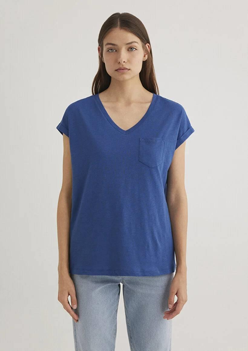 Mavi V Yaka Basıc Kadın T-Shirt M1600961-30808