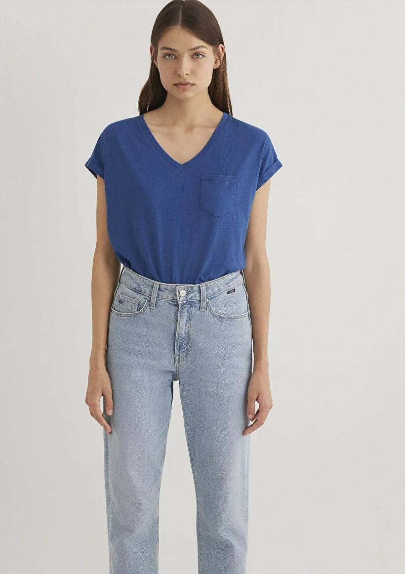 Mavi V Yaka Basıc Kadın T-Shirt M1600961-30808