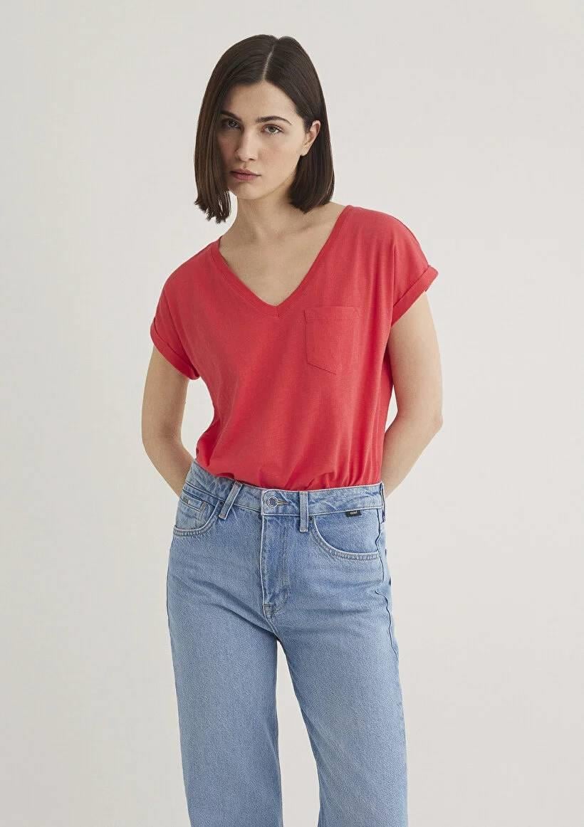 Mavi V Yaka Basıc Kadın T-Shirt M1600961-71083