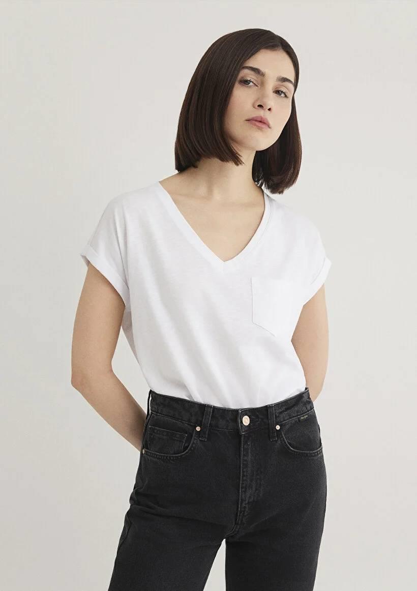 Mavi V Yaka Basıc Kadın T-Shirt M1600961-620