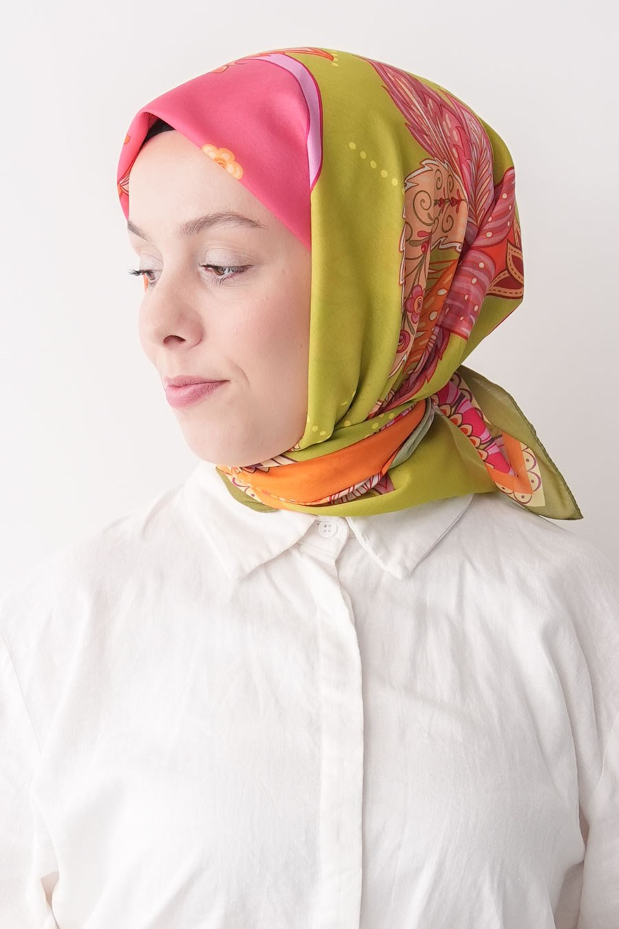 Breeze Bloom Desen Soft Eşarp Yağ Yeşili