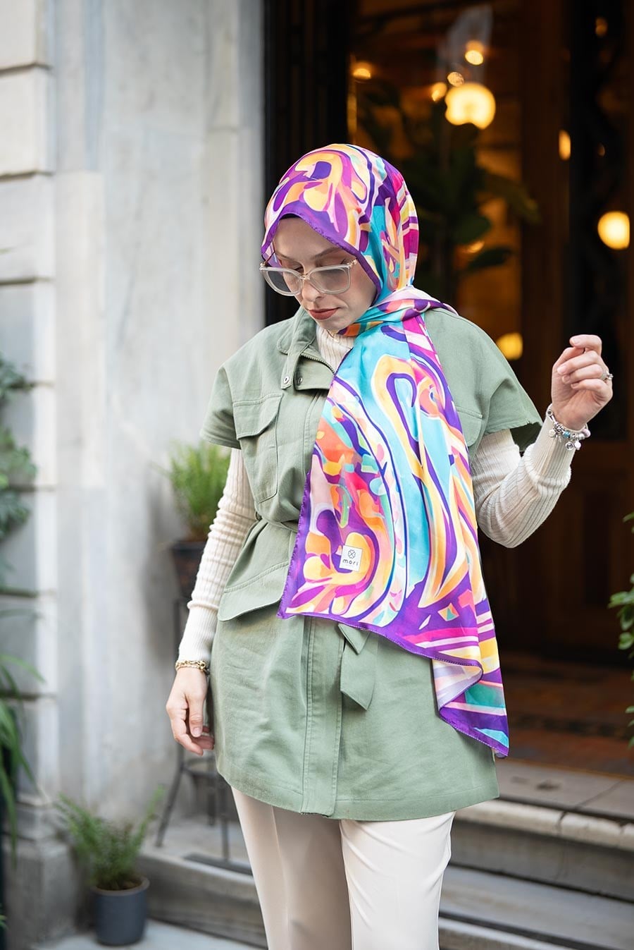 Colourful Desen Hint Vual Şal Turkuaz