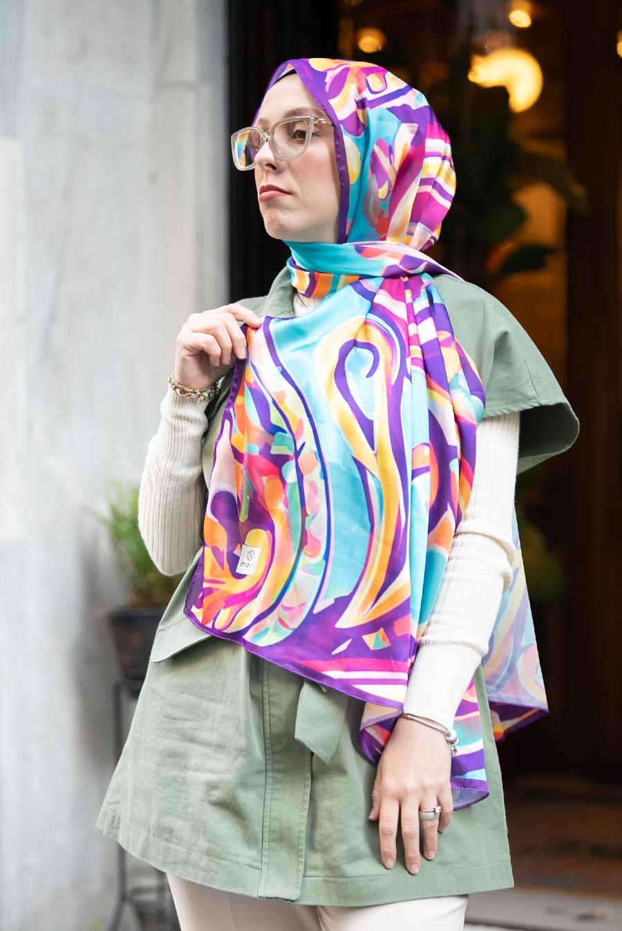 Colourful Desen Hint Vual Şal Turkuaz