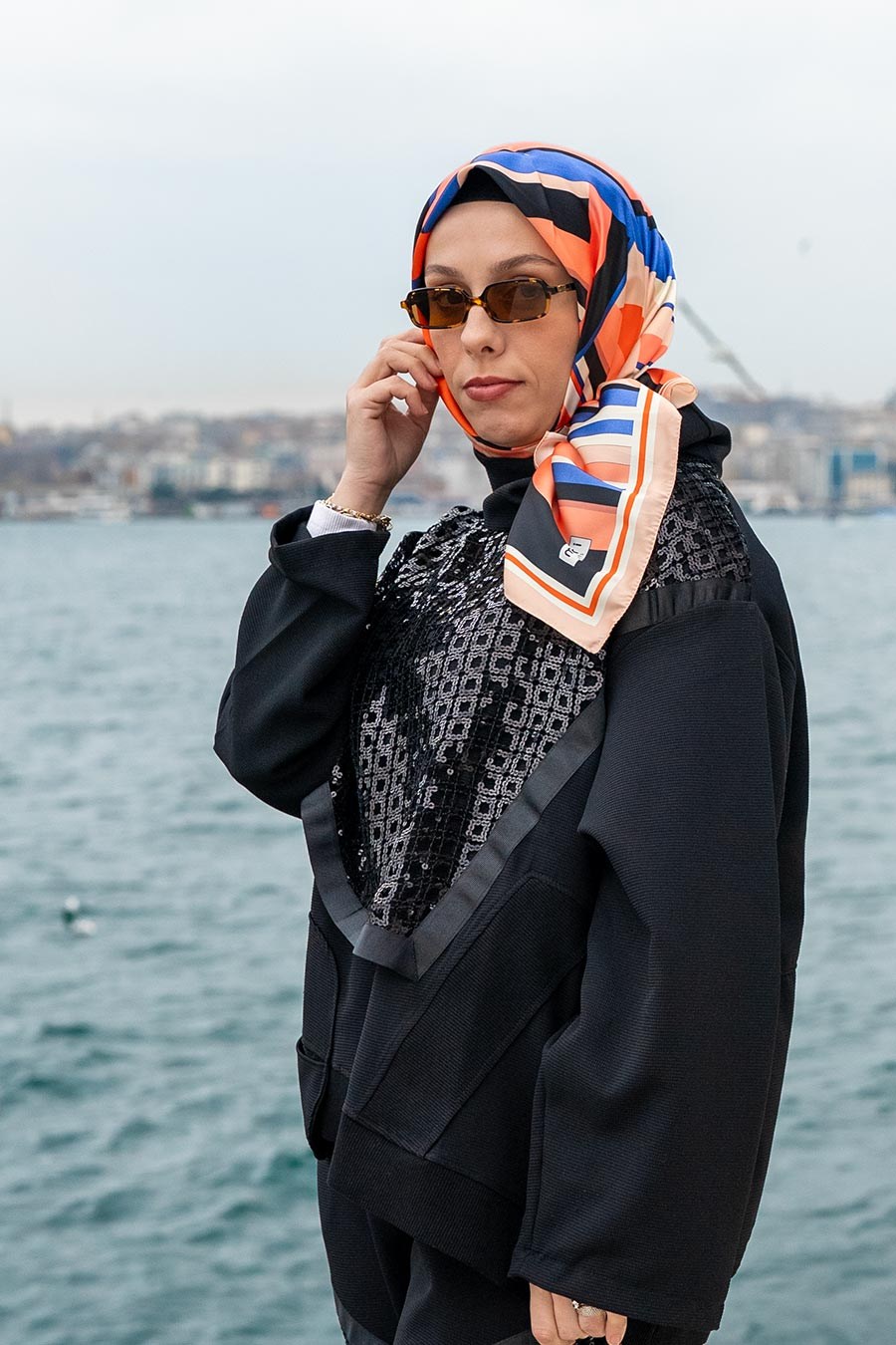 Cream Angle Desen İpeksi Rayon Eşarp Turuncu