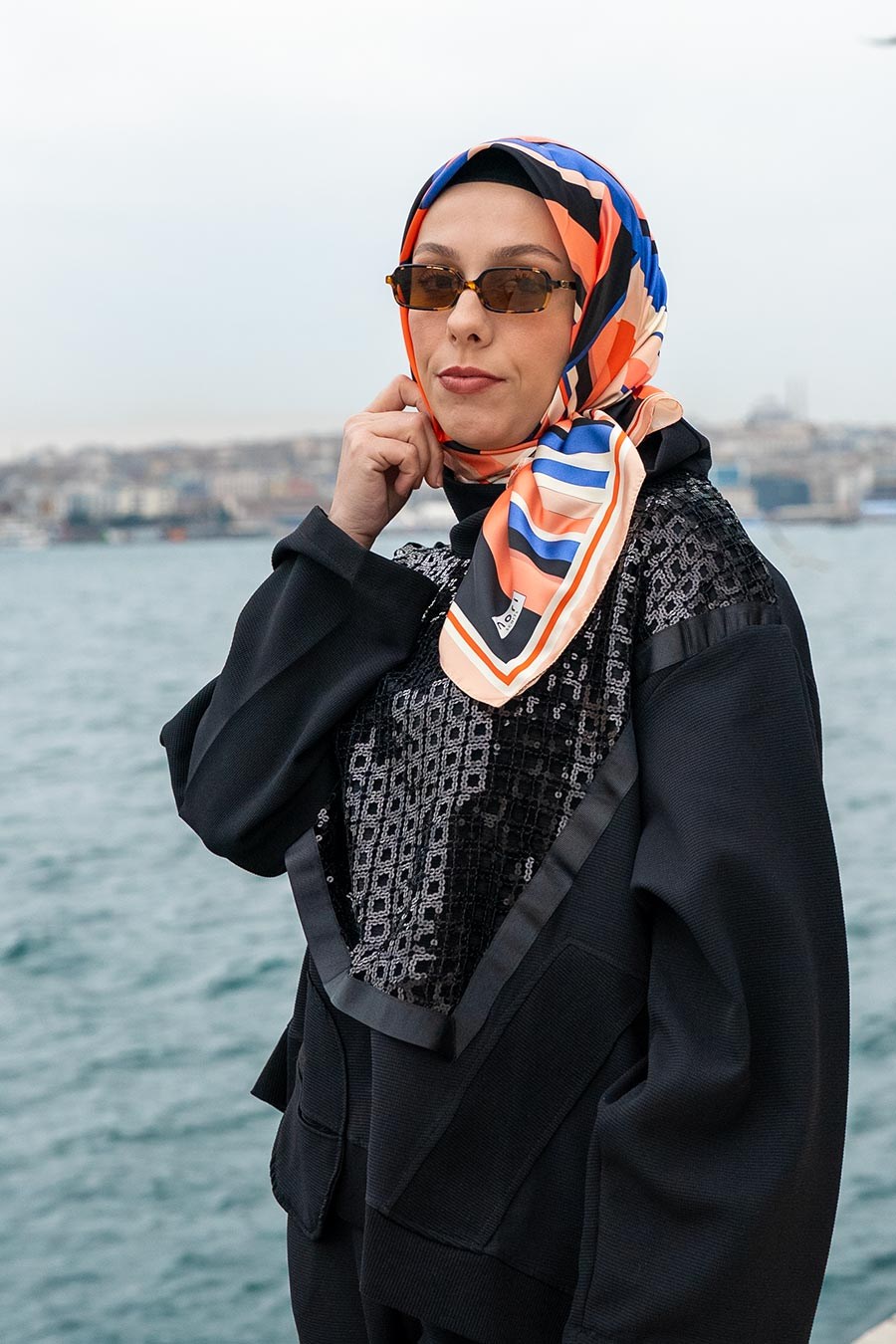 Cream Angle Desen İpeksi Rayon Eşarp Turuncu
