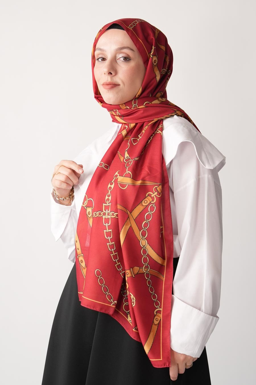 Golden Belt Desen Soft Şal Kırmızı