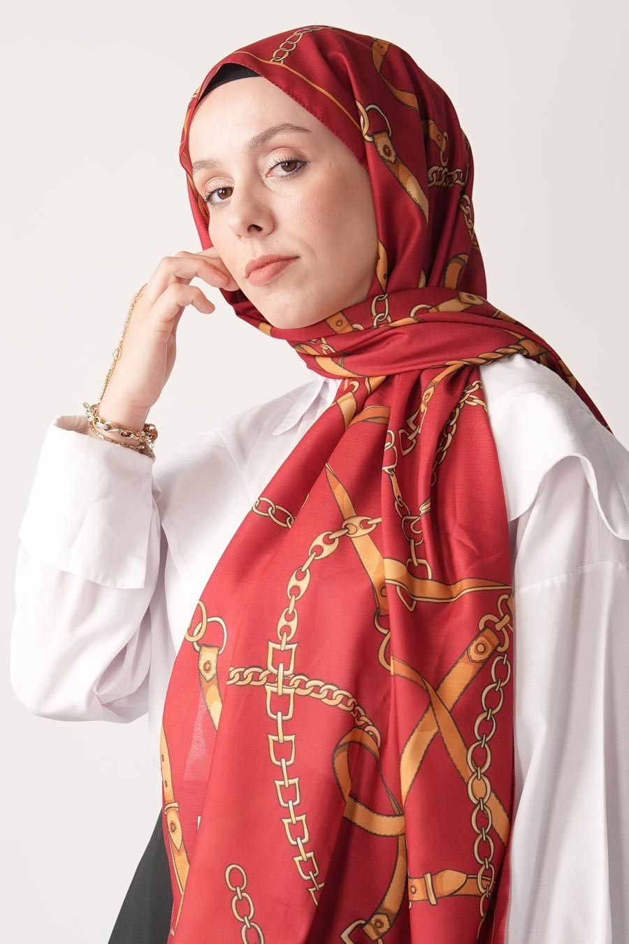 Golden Belt Desen Soft Şal Kırmızı