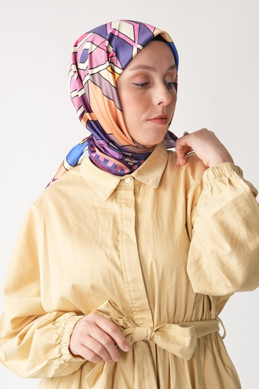 Lina Grid Desen İpeksi Rayon Eşarp Mor