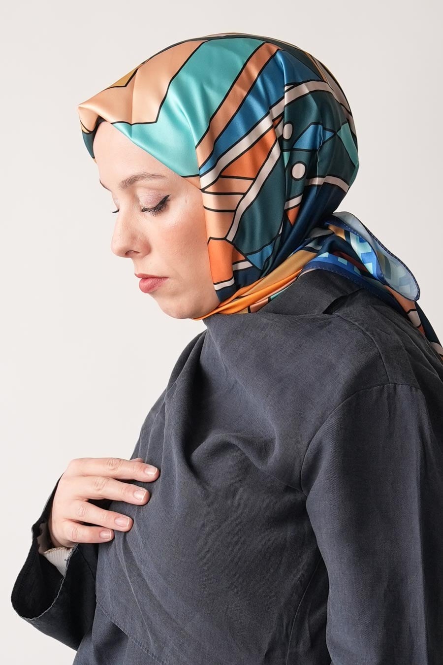 Lina Grid Desen İpeksi Rayon Eşarp Petrol Mavi