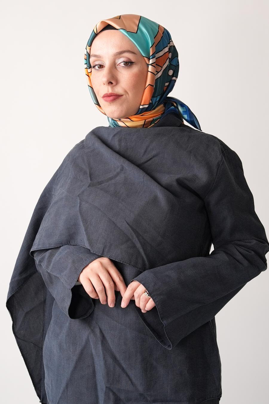 Lina Grid Desen İpeksi Rayon Eşarp Petrol Mavi
