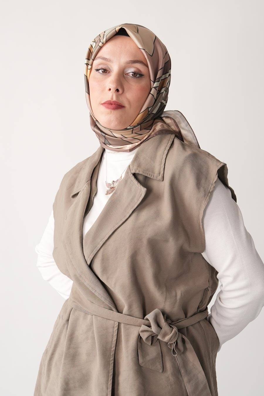 Lina Grid Desen İpeksi Rayon Eşarp Vizon
