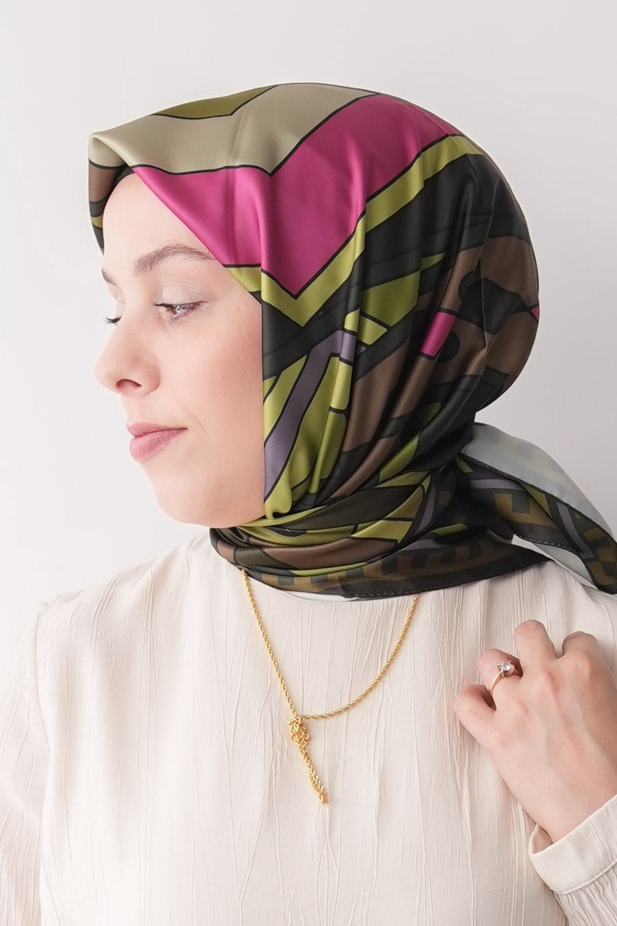 Lina Grid Desen İpeksi Rayon Eşarp Yeşil