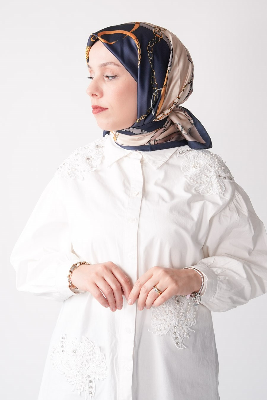 Lustre Desen İpeksi Rayon Eşarp Lacivert