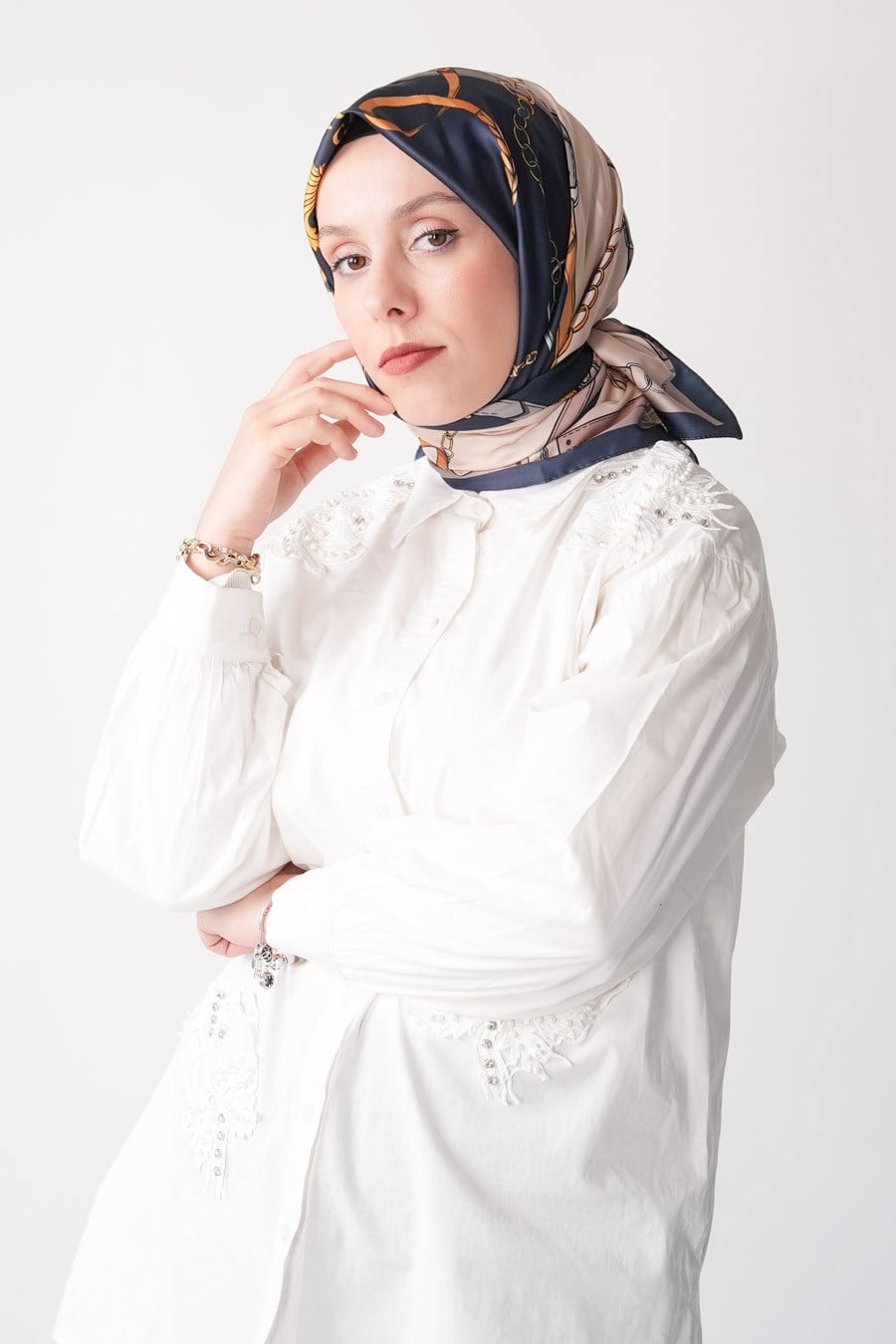 Lustre Desen İpeksi Rayon Eşarp Lacivert